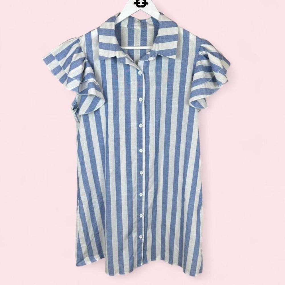 Salant blue and white striped button-up shirt dress with ruffle sleeves Size XL